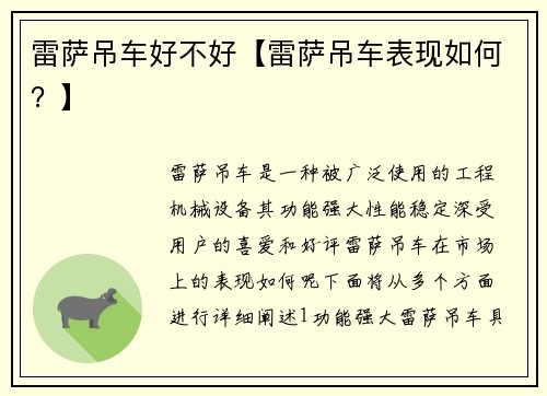 雷萨吊车好不好【雷萨吊车表现如何？】